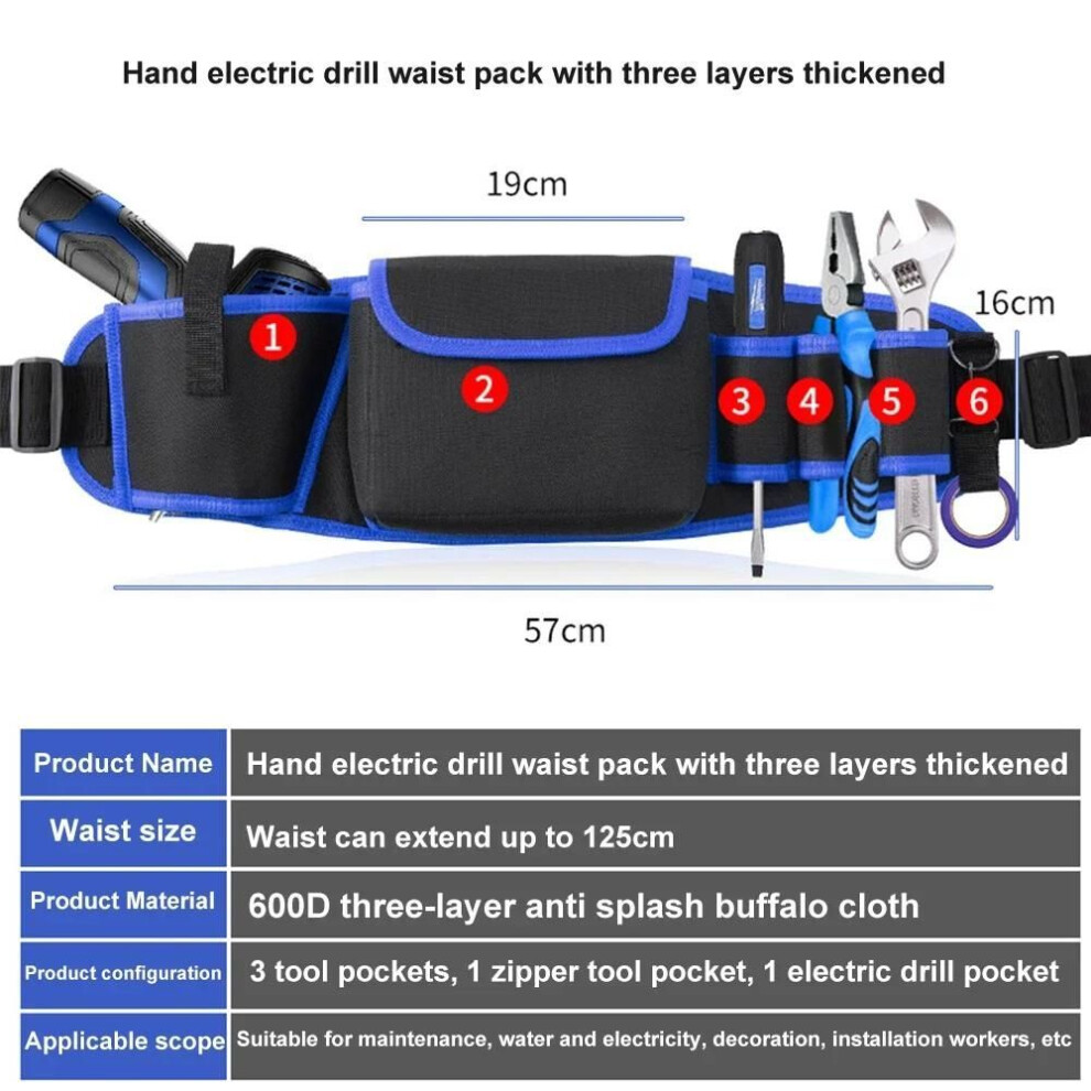 (blue) Tool Belt Drill Holder Tool Bag Utility Belt Wear Resistant, Work Apron For Electrician, Carpenter, Handyman, Plumber