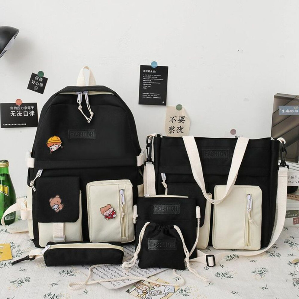 (cool black, 30x13x42cm) Backpacks 5PCS/set Kids School Bags Women Canvas Backpack Casual Children Korea Shoulder Bag Cute Satchel Schoolbag for Girls Mochila Escolar