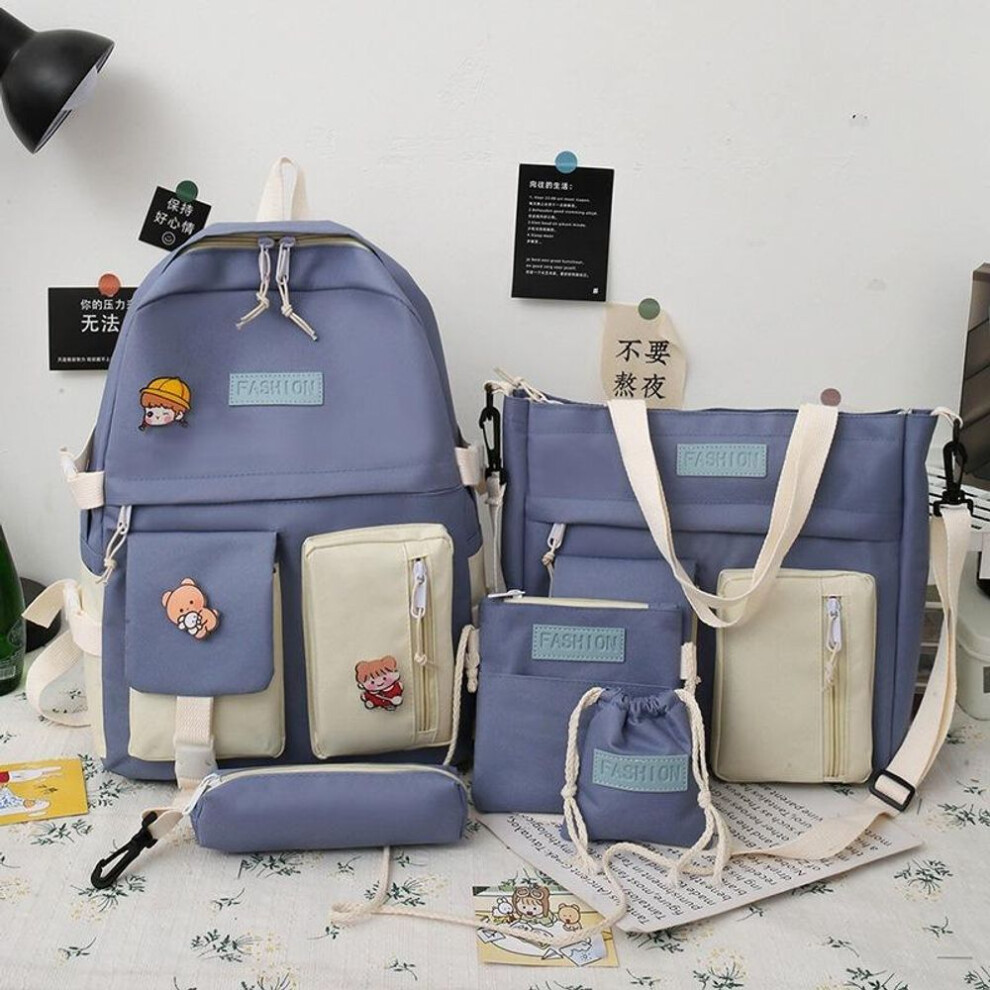 (navy blue, 30x13x42cm) Backpacks 5PCS/set Kids School Bags Women Canvas Backpack Casual Children Korea Shoulder Bag Cute Satchel Schoolbag for Girls Mochila Escolar