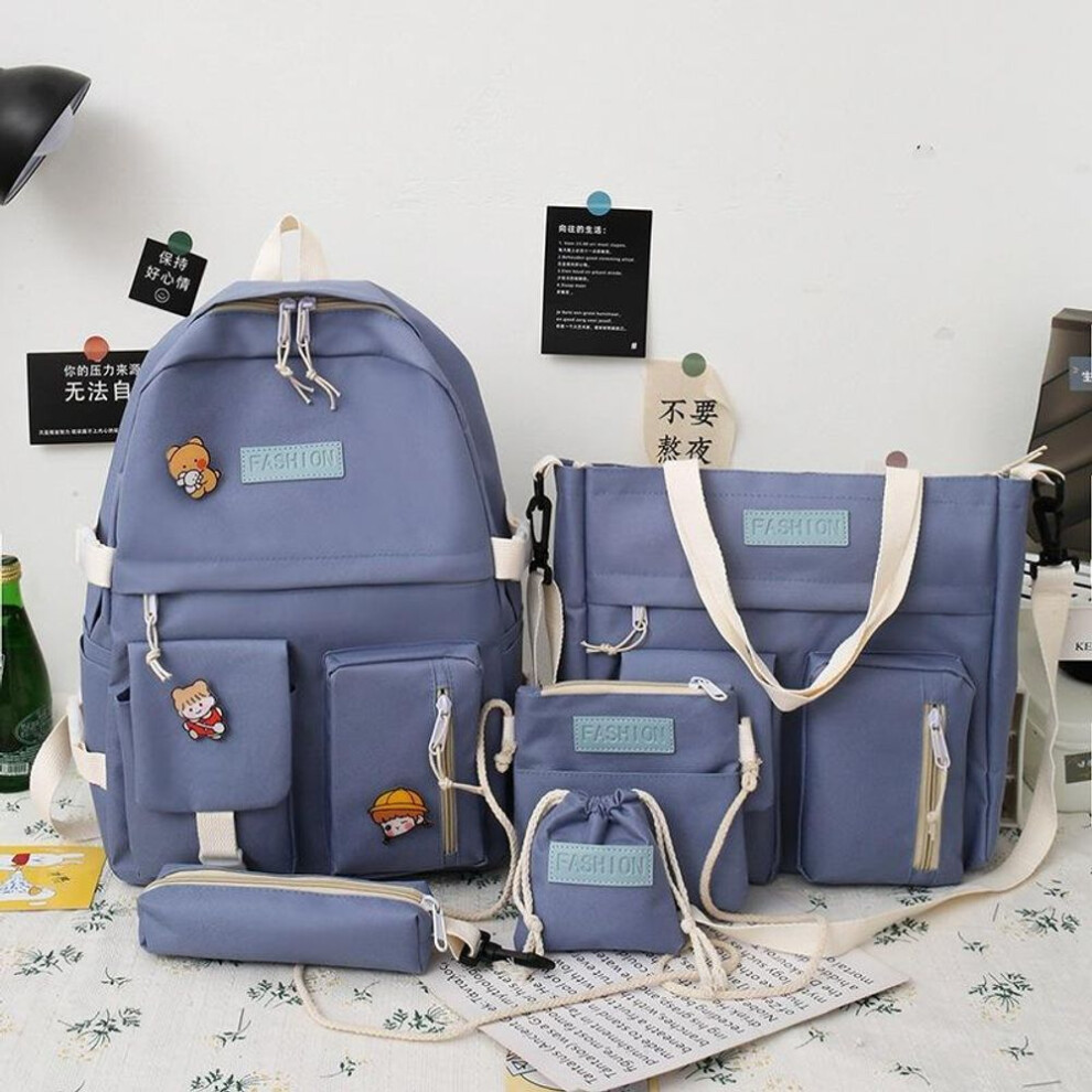 (blue, 30x13x42cm) Backpacks 5PCS/set Kids School Bags Women Canvas Backpack Casual Children Korea Shoulder Bag Cute Satchel Schoolbag for Girls Mochila Escolar