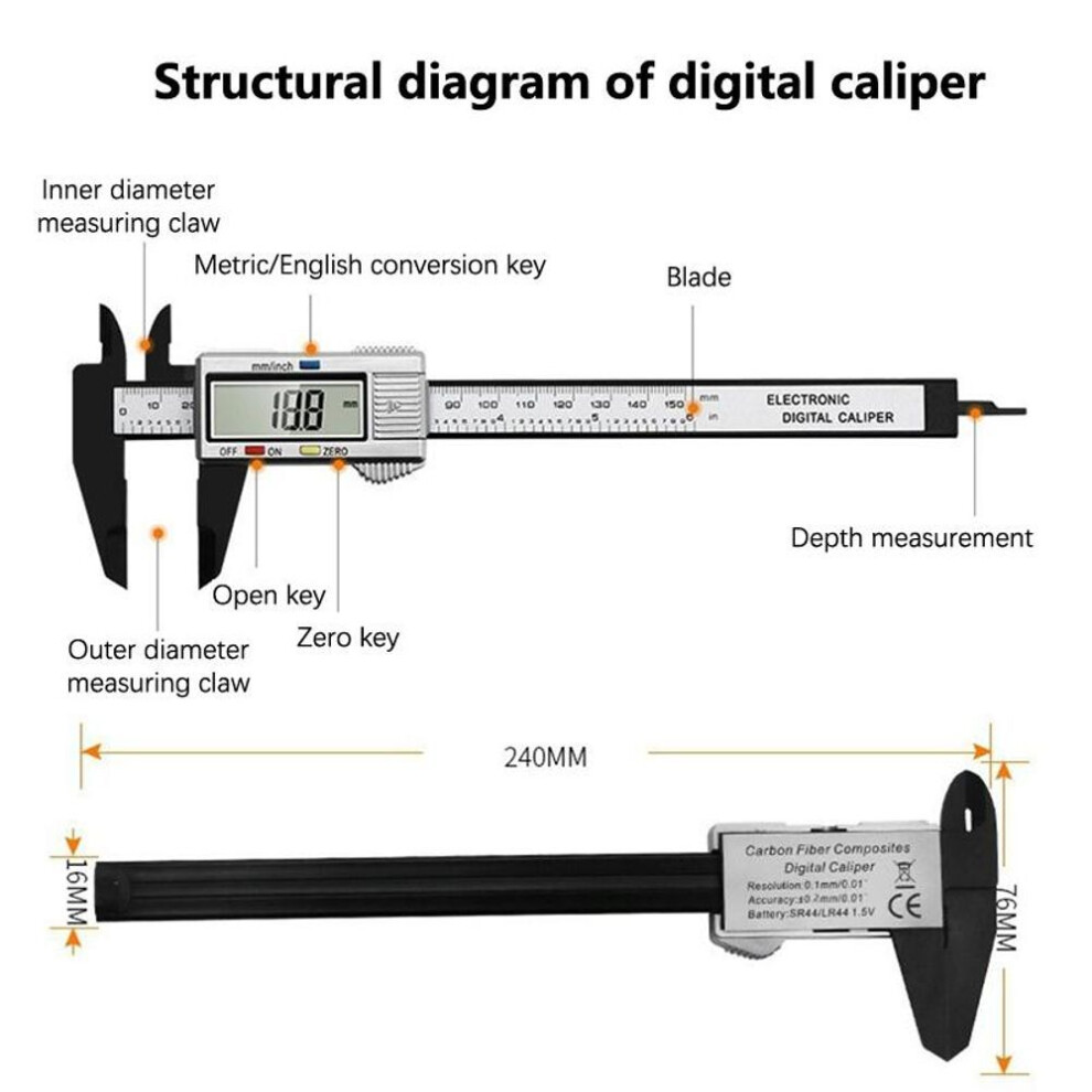 (24* 7.6* 1cm) 150mm Electronic Digital Caliper Carbon Fiber Dial Vernier Caliper Gauge