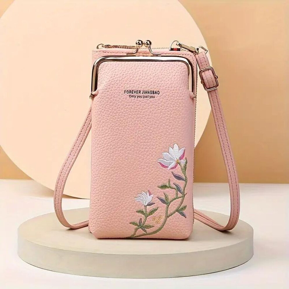 (pink, 19x4x10.5cm) Floral Embroidered Cellphone Bag, Mini Fashion Crossbody Bag, Women&apos;s Casual Handbag, Card Holder & Purse Wallet