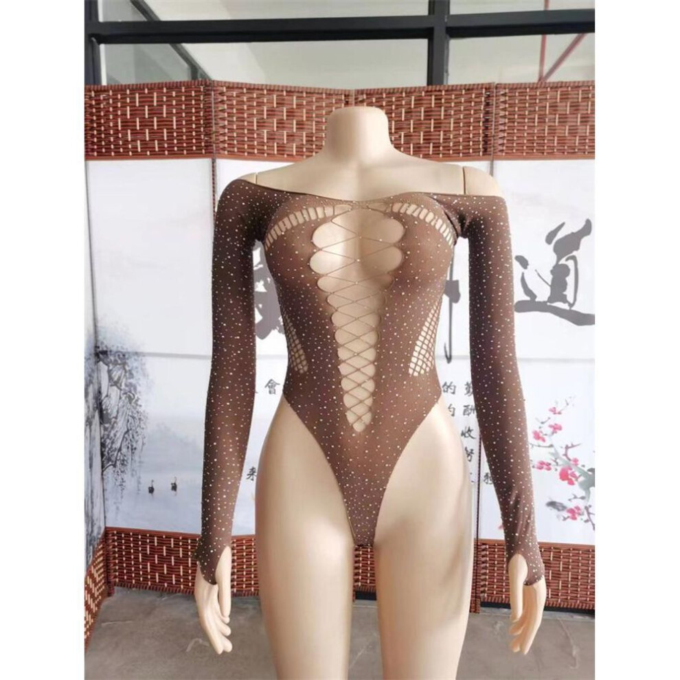 (brown, One size) Women Diamond Fishing Net Stocking Babydoll Lingerie Sleepwear Bodysuit Black Lingerie Backless Jumpsuit