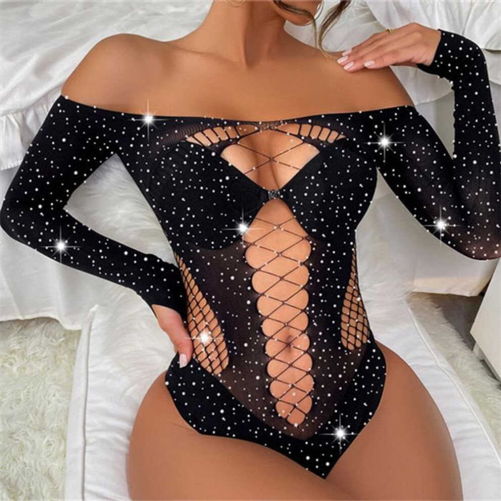 (black, One size) Women Diamond Fishing Net Stocking Babydoll Lingerie Sleepwear Bodysuit Black Lingerie Backless Jumpsuit