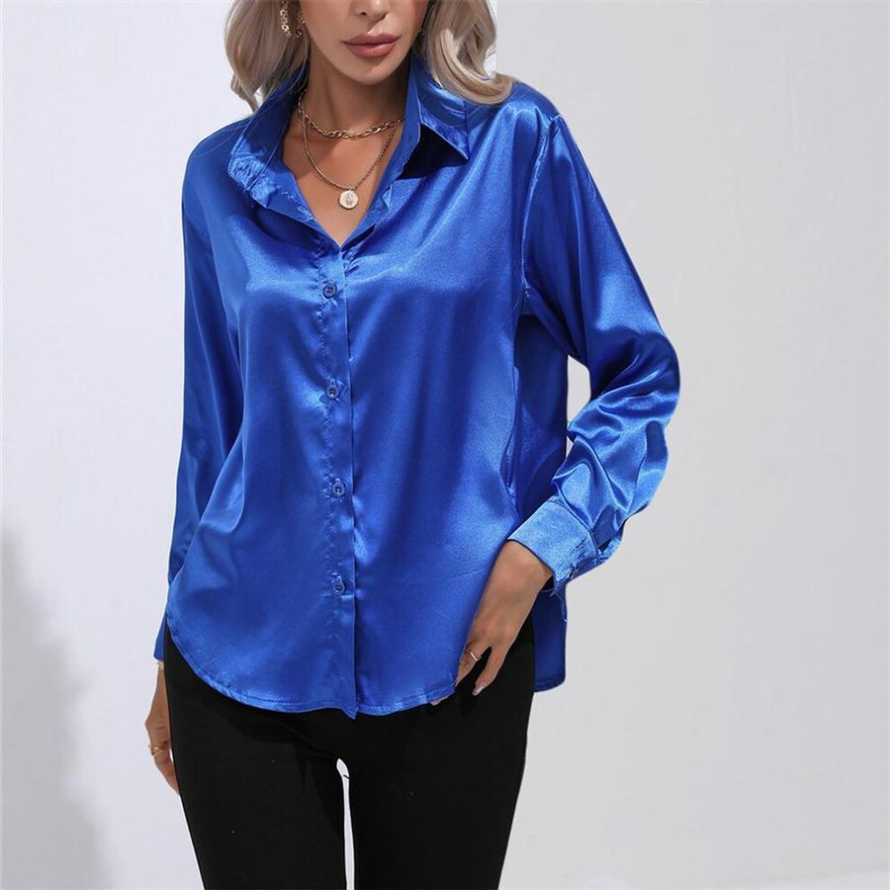 (sapphire blue, L) Spring Autumn Satin Blouse Imitation Silk Long Sleeve Shirt For Women&apos;s Plus Size Loose Tops