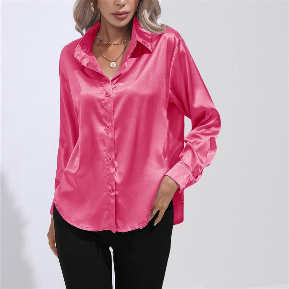 (rose, S) Spring Autumn Satin Blouse Imitation Silk Long Sleeve Shirt for Women&apos;s Plus Size Loose Tops