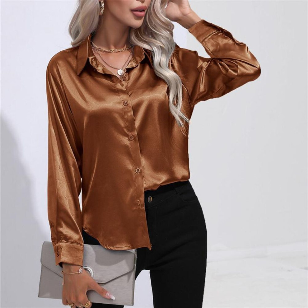 (dark brown, S) Spring Autumn Satin Blouse Imitation Silk Long Sleeve Shirt for Women&apos;s Plus Size Loose Tops