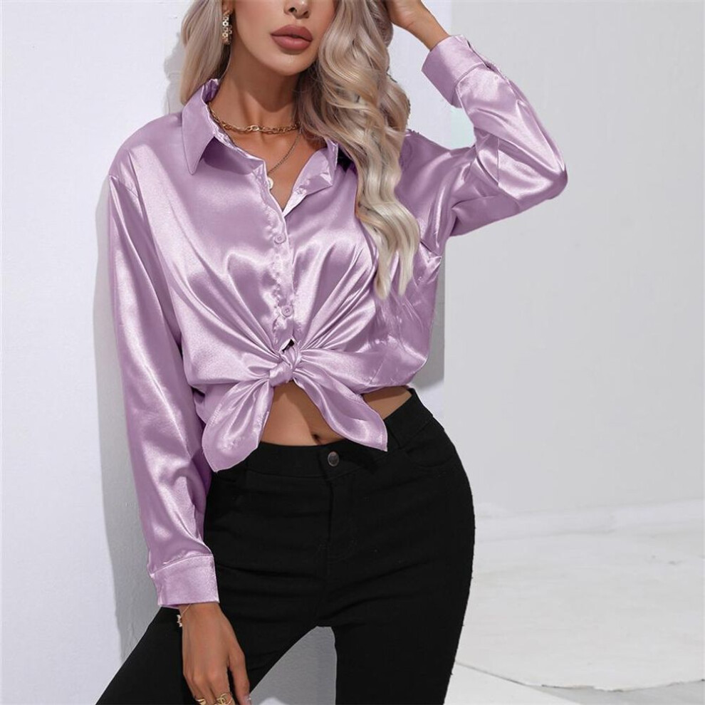 (lavender, L) Spring Autumn Satin Blouse Imitation Silk Long Sleeve Shirt for Women&apos;s Plus Size Loose Tops