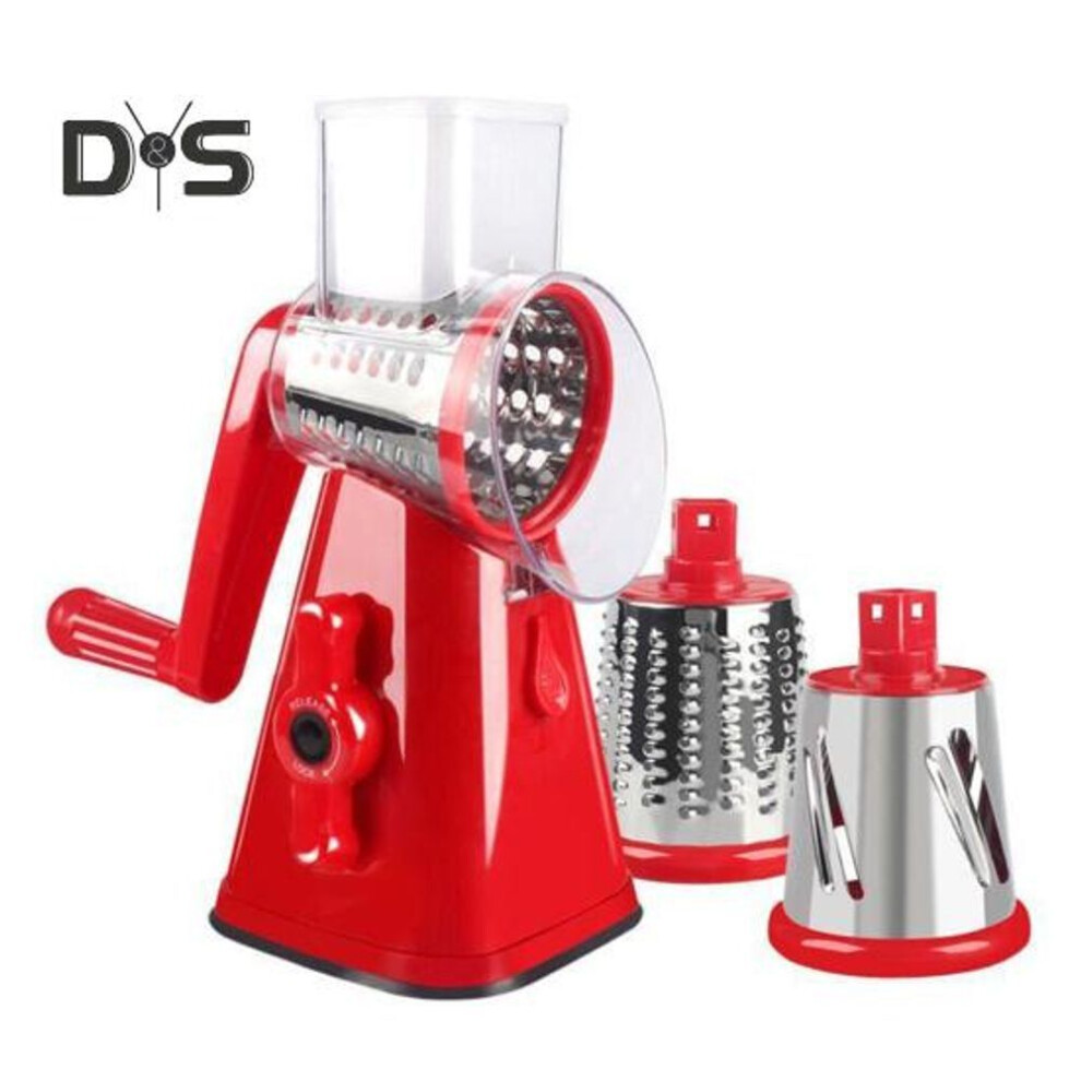 (red) Kitchen Vegetable Slicer With 3 Replaceable Stainless Steel Blades Manual Rotary Cheese Grater With Handle Multifunctional Vegetable Chopper