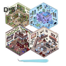 (as the picture, C) 4 Sets 3D Scene Stickers Reusable Adjustable DIY Cat Cafe House Stickers Stress Relief Entertainment Decals