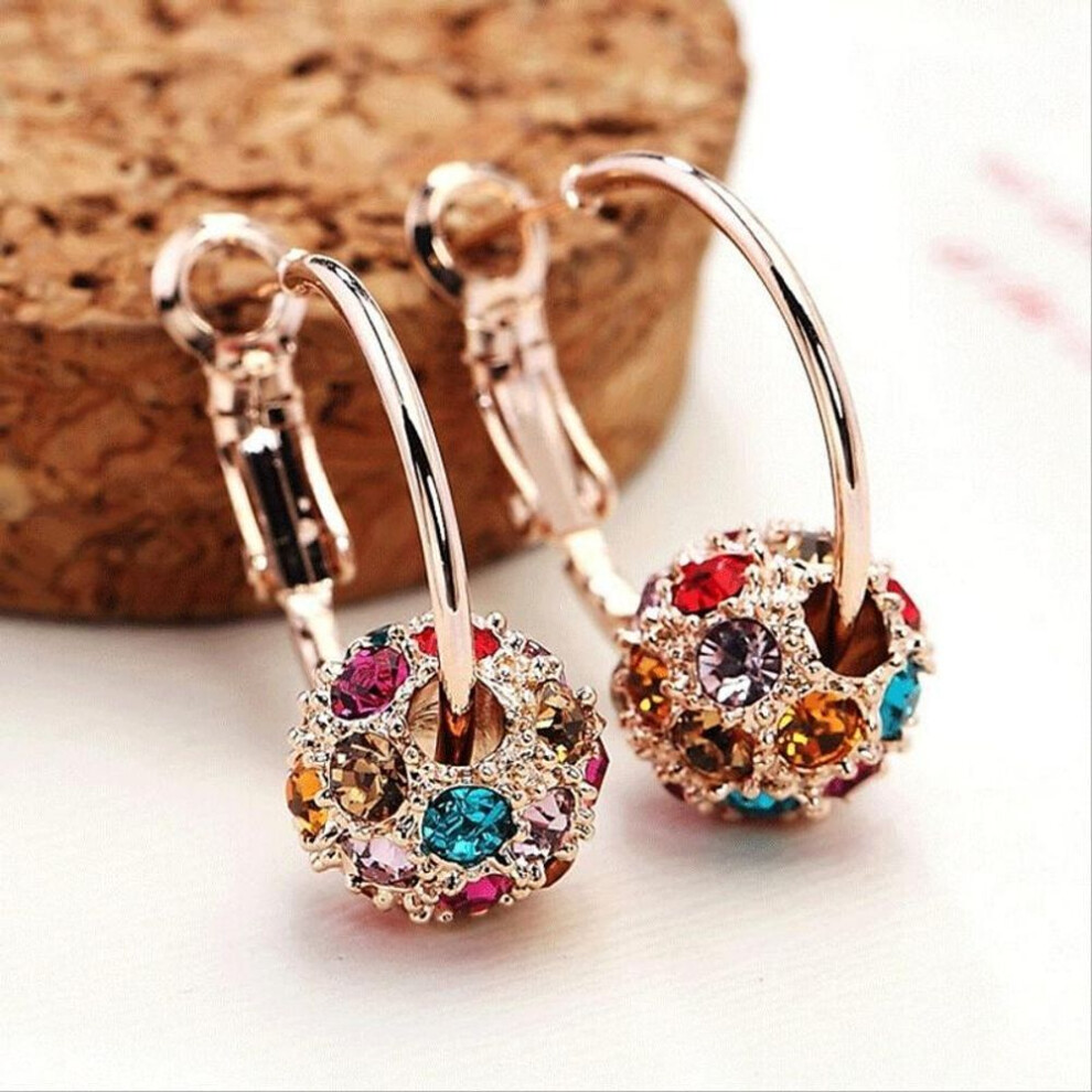 (colored diamond) Austrian Crystal Ball 18k Gold Colorful Earrings Lucky Transfer Beads Circle Hoop Earrings Women