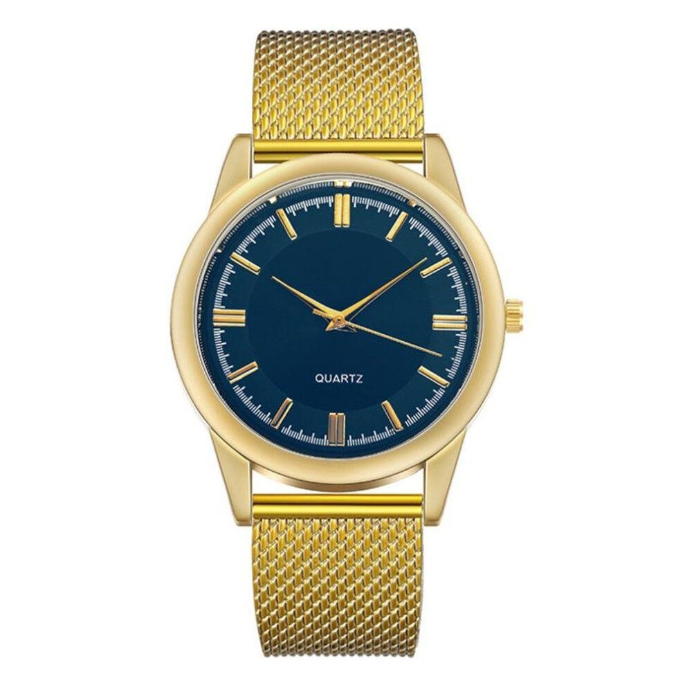 (gold,blue) Fashion Classic Mens Business Wrist Watch Mesh Band Gold Color Quartz Watch Casual Dress Watch