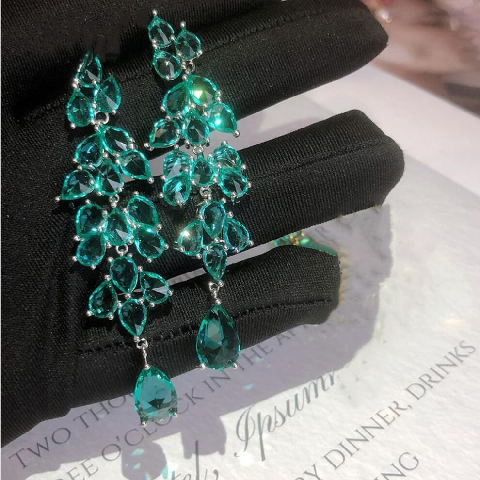 (silver,green) Fashion Green Drop Earrings For Women Leaf Tassel Long Dangle Earrings Bridal Wedding Jewelry Gifts