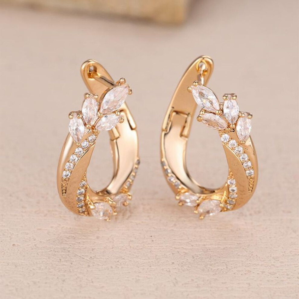 (gold,white) Geometric Cubic Zirconia Elegant Drop Clip Earrings for Women Gold Color Fashion Fine Jewelry