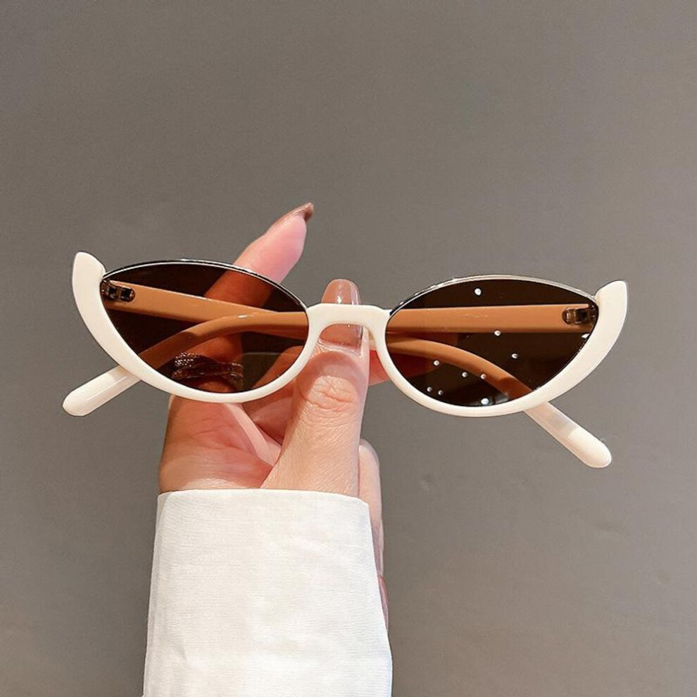 (beige) Retro Small Half Frame Sunglasses Women Cat Eye Trendy Vintage Modern Eyewear Fashion Luxury Brand Designer Sun Glasses