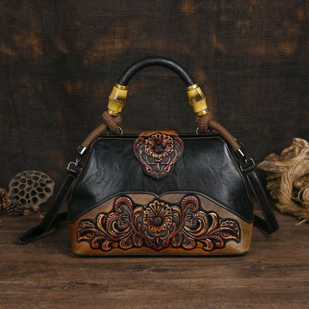 (black) Johnature Luxury Handbag Vintage Handmade Leather Carved Women Bag Versatile Female Shoulder & Crossbody Bags
