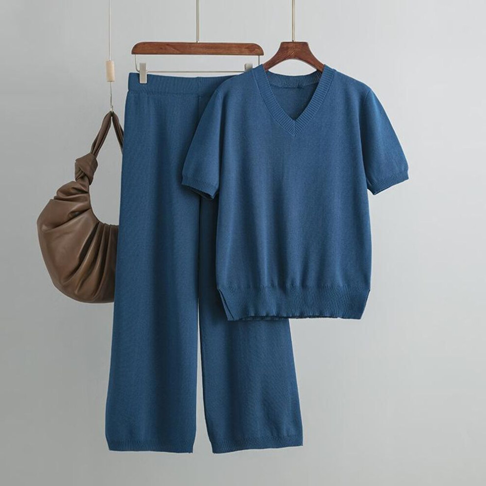 (blue, OneSize) Women&apos;s V Neck Loose Split Knit Top Two Piece High Waist Waist Drop Straight Leg Pants Suits