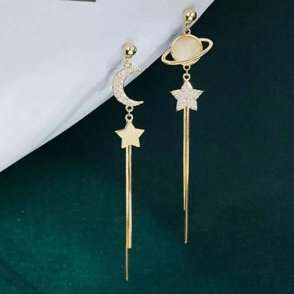 (gold) Vintage Geometric Women Long Thread Tassel Dangle Earrings Asymmetric Earrings Of Star And Moon Female Korean Jewelry 2021 New