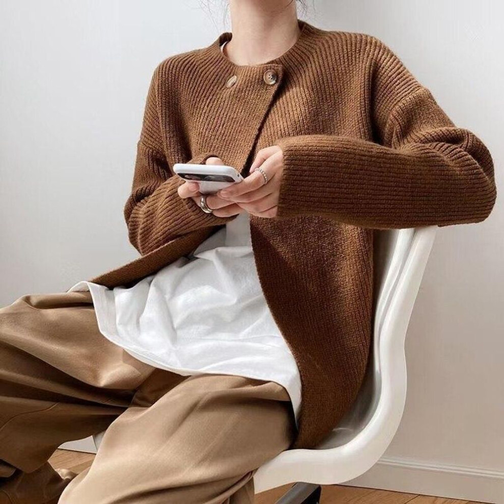 (brown, One Size) Fashion Autumn Winter Knitted Cardigan Jacket Women Long Sleeve Cardigans Sweater Chic Two Buttons Vintage Korean Sweaters 29248