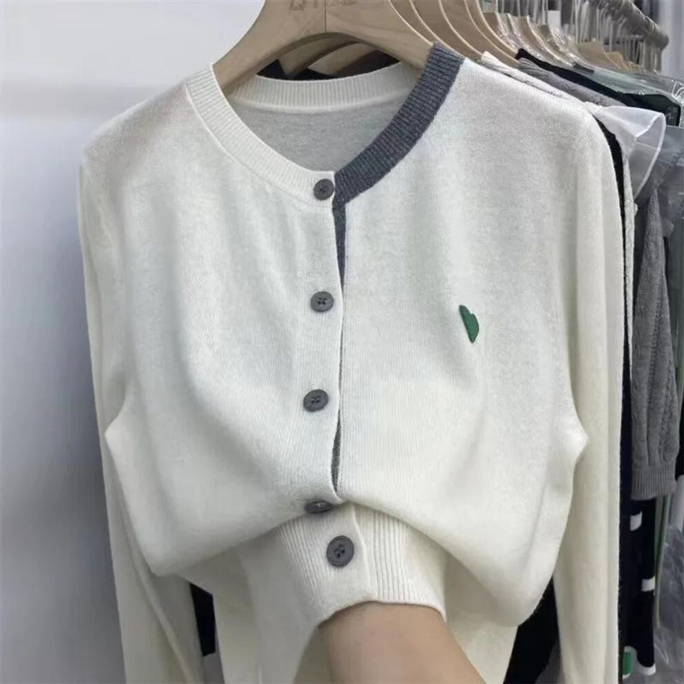 (white, One Size) Elegant Patch Long Sleeve Top Autumn Korean Style Knitted Cardigan Women Sweater Female Loose Coat Sweet Knitwears 29378