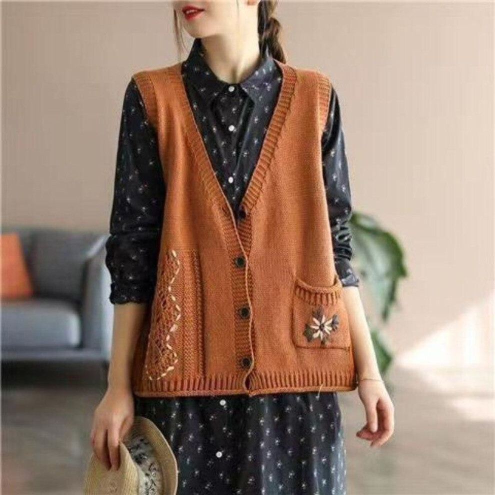 (orange, One Size) Korean Fashion Vintage Knitted Sweater Vest Women V-Neck Cardigan Sweaters Winter  Sleeveless Embroidered Knit Vests 29233