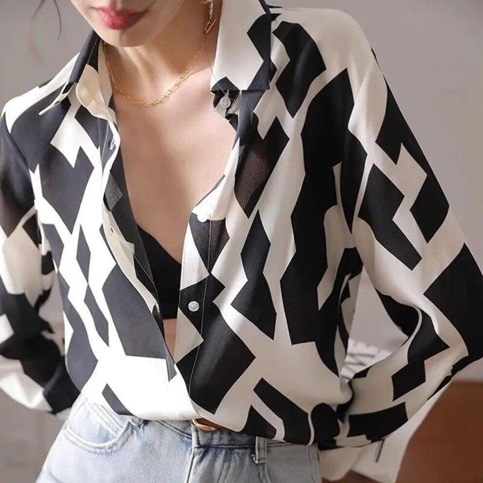 (black white, L) Office Lady Long Sleeve Blouse Mulberry Silk Shirts Turn Down Collar Loose Fashion Clothes Contrast Plaid Shirt Women Tops 29398