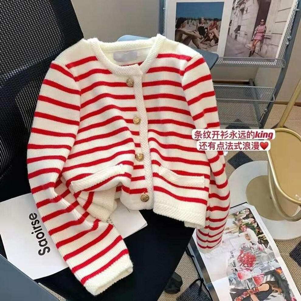 (red, XL) Fashion Korean Autumn Sweet Striped Knitted Cardigan Long Sleeve Jacket Short Sweater Coat Age-reducing Loose Warm Tops 29154