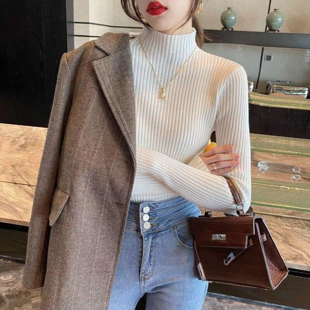 (white, One Size) Turtleneck Long Sleeve Women Knitted Sweater Harajuku Pullover Simple Sweaters Elastic Korean Fashion Basic Jumper Tops 29289