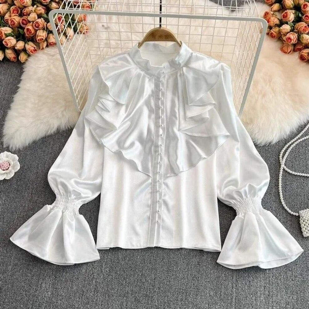 (white, M) Flare Long Sleeve Standing Collar Ruffled Blouse Women Vintage White Acetate Satin Shirt French Style Loose Lady Tops 29939