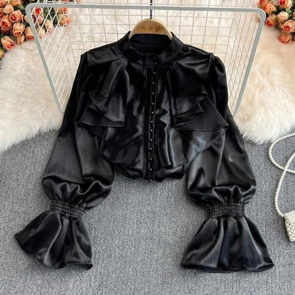 (black, M) Flare Long Sleeve Standing Collar Ruffled Blouse Women Vintage White Acetate Satin Shirt French Style Loose Lady Tops 29939