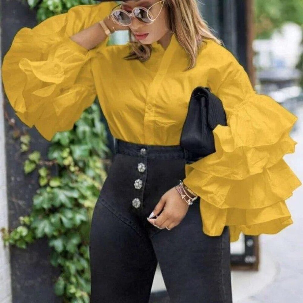 (yellow, L) Fashion Elegant Stand Collar Simple Lace Blouse Women Office 2023  Layered Ruffled Flared Long Sleeve Shirt Loose Tops 30020