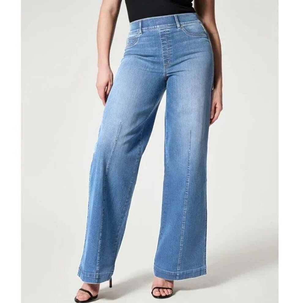 (light blue, M) Sexy Solid Wide Leg Denim Jeans Women Office-lady High Elastic Waist Jeans Autumn Winter  Casual Pants With Pockets 30095