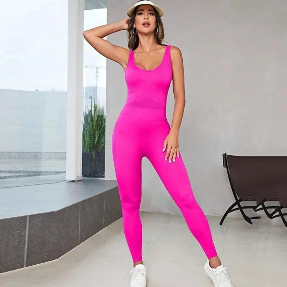(rose red, L) Sexy Criss-cross Open Back Slim Fit Jumpsuit Women Gym Sports One Piece Bodysuits Yoga Pants Fitness Push Up Playsuit Suit 30158