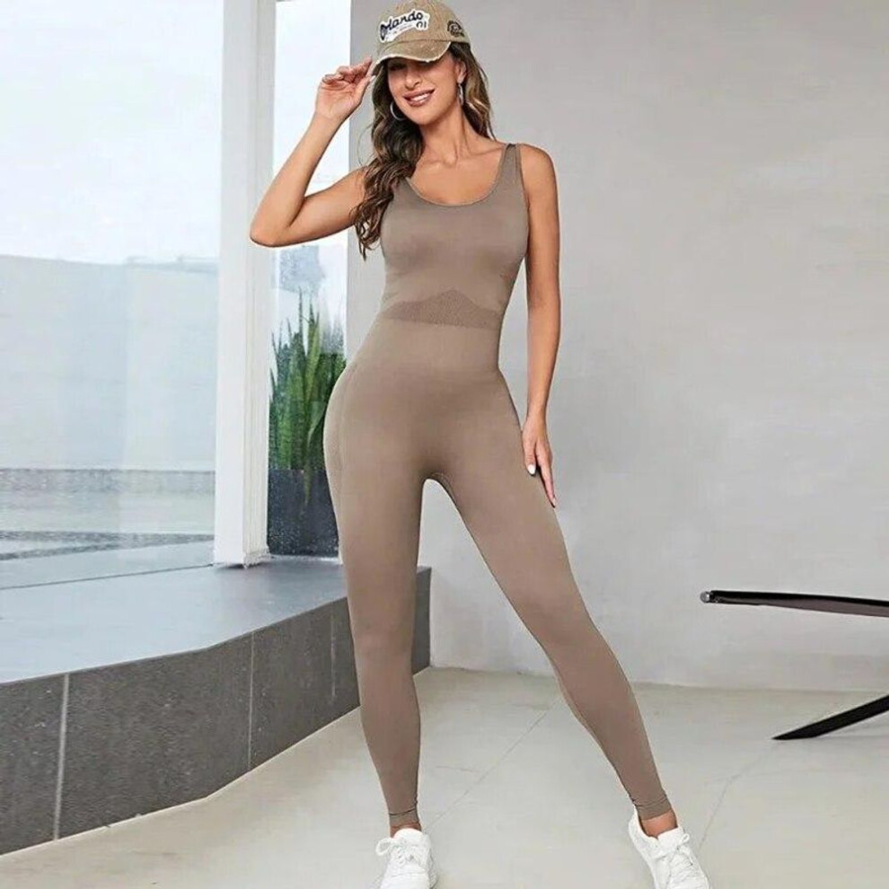 (dark brown, L) Sexy Criss-Cross Open Back Slim Fit Jumpsuit Women GYM Sports One Piece Bodysuits Yoga Pants Fitness Push Up Playsuit Suit 30158