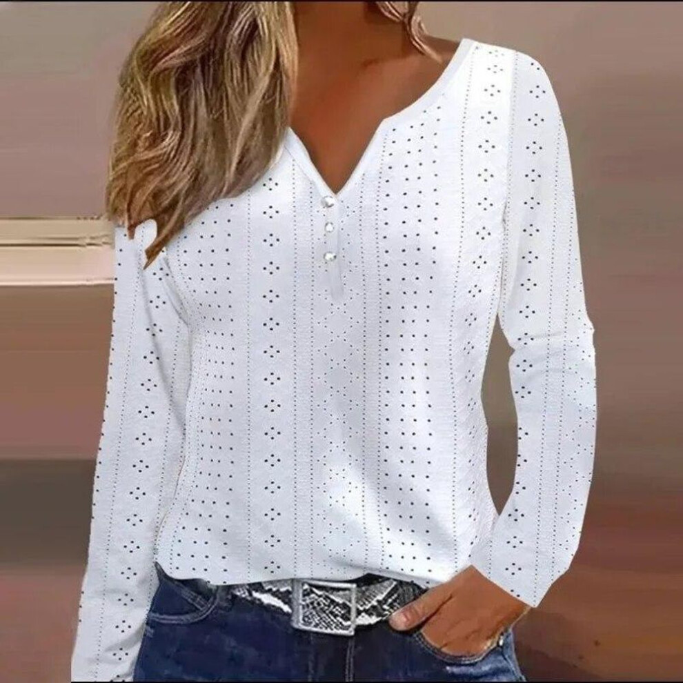 (white, S) Fashion Hollow Out Tops Spring Autumn Long Sleeve V-neck Blouse Solid White Shirt For Women Loose Clothes 30416