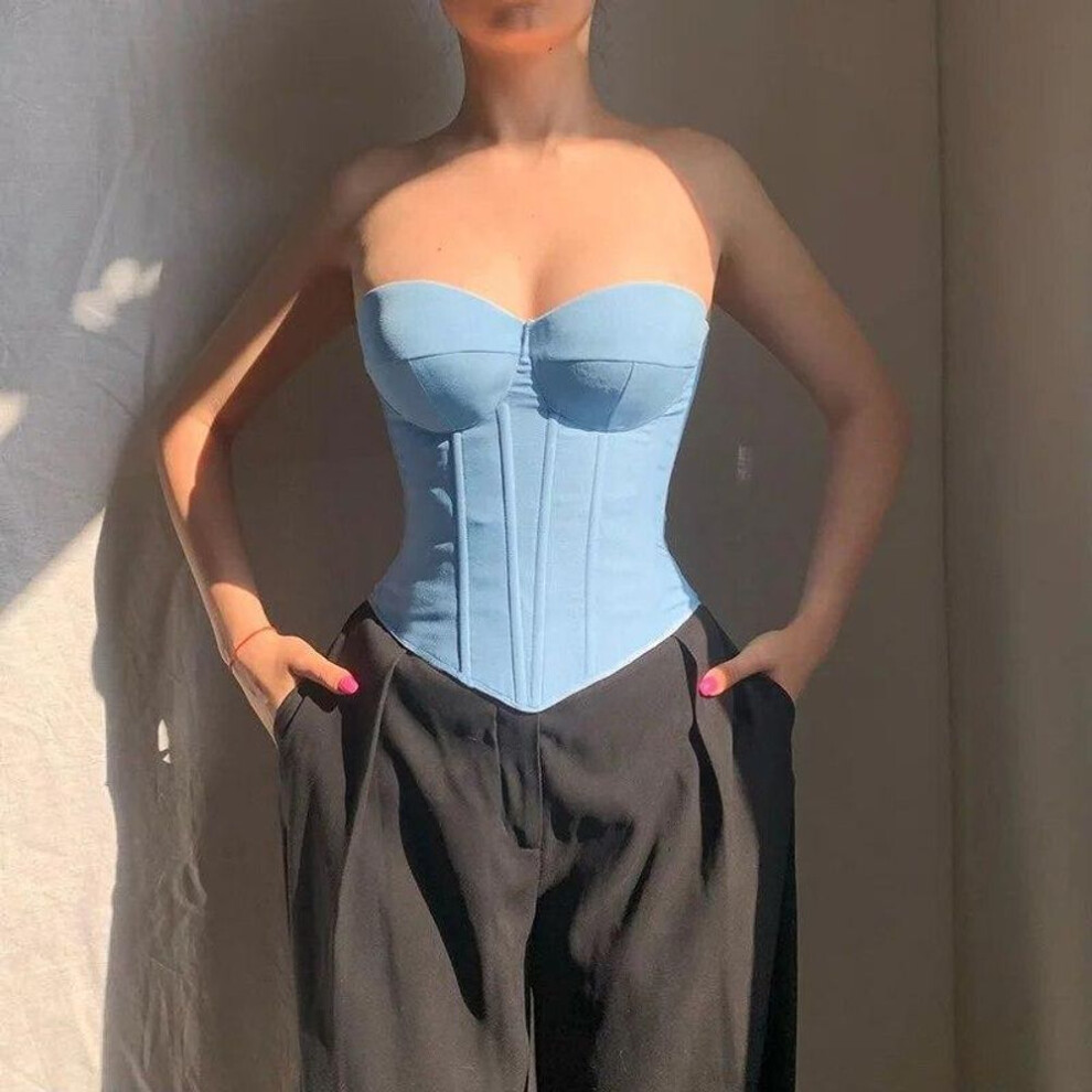 (light blue, XL) Vintage Lmitation Denim Slash Neck Sexy Tank Tops Women Bandeau Bandage Corset Bra Top Sleeveless Slim Fit Backless Tanks 30725