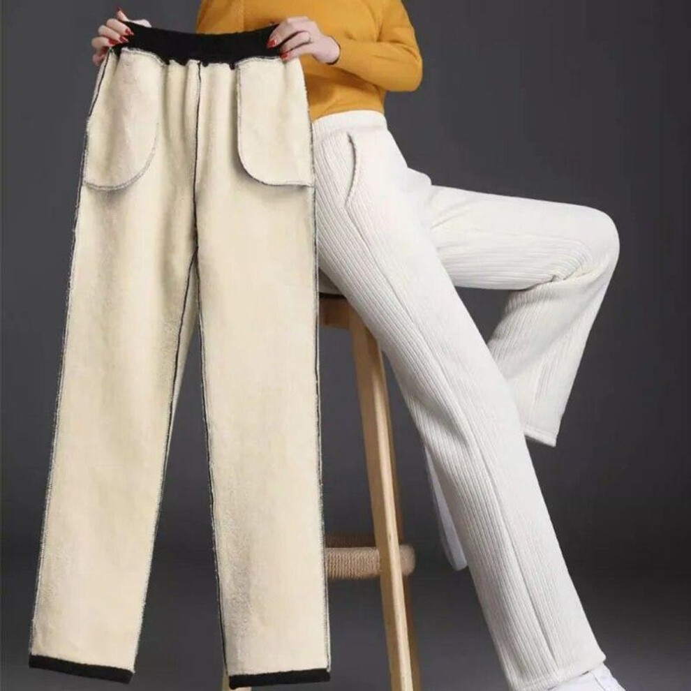 (apricot, L) Winter Fashion Warm Thickened Chenille Velvet Pants Women High-waist Solid Wide Leg Pants Women Casual Ladies Straight Trousers 30445