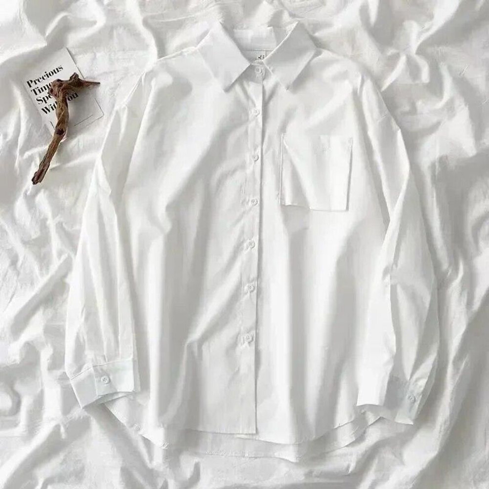 (white, XL) Vintage Hong Kong Style Long Sleeve Blouse Spring Autumn White Shirt For Women Turn Down Collar Tops Loose Clothes 30270