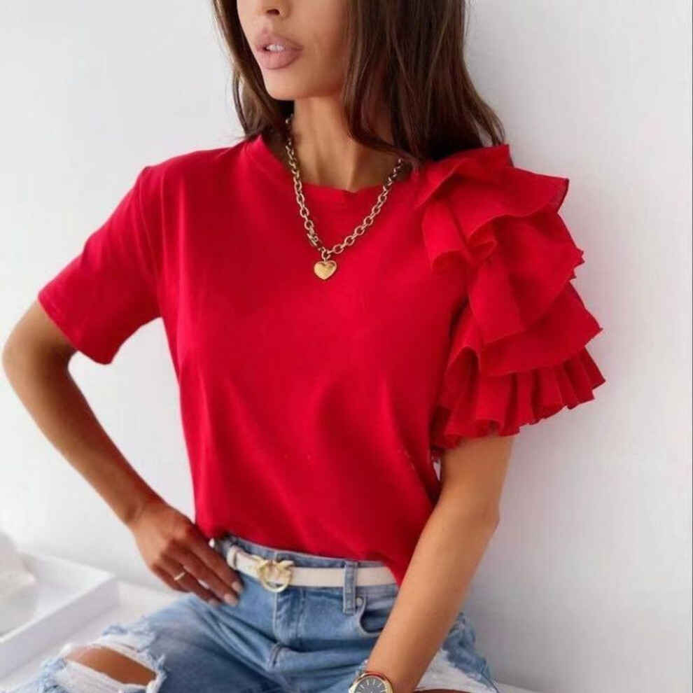 (red, XL) Fashion Ruffled Short Sleeve White T-shirt Women Elegant Solid Casual Tshirts Woman Slim Fit Round Neck Tees Tops Female Clothing 24041