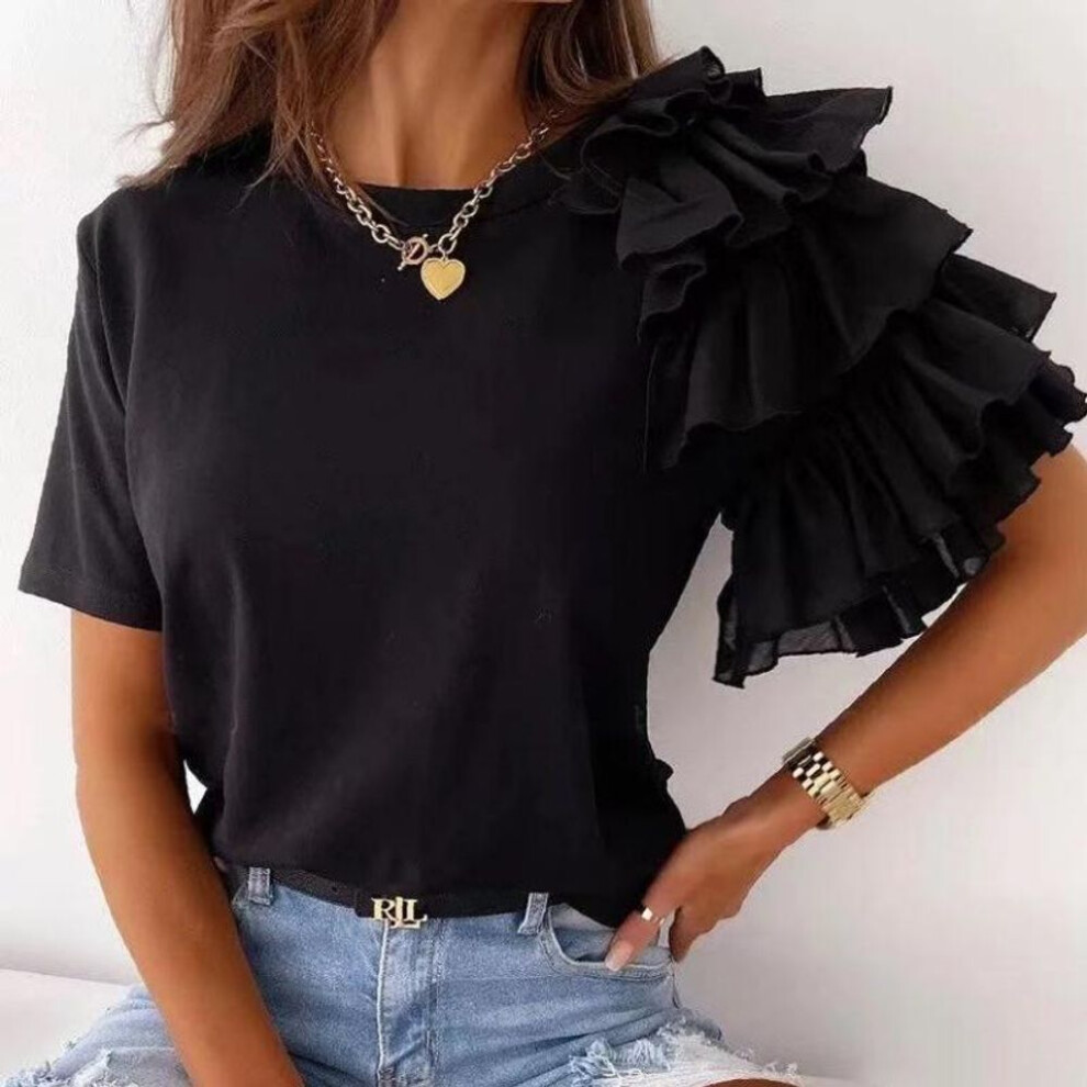 (black, L) Fashion Ruffled Short Sleeve White T-shirt Women Elegant Solid Casual Tshirts Woman Slim Fit Round Neck Tees Tops Female Clothing 24041