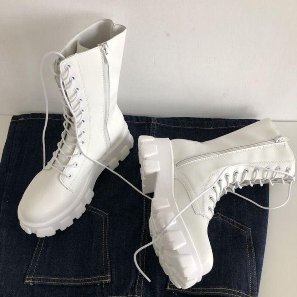 (white, 36) Women Mid Calf Boots Autumn Winter Fashion Lace-up Zipper Boots Sports Platform Heel Ladies Shoes