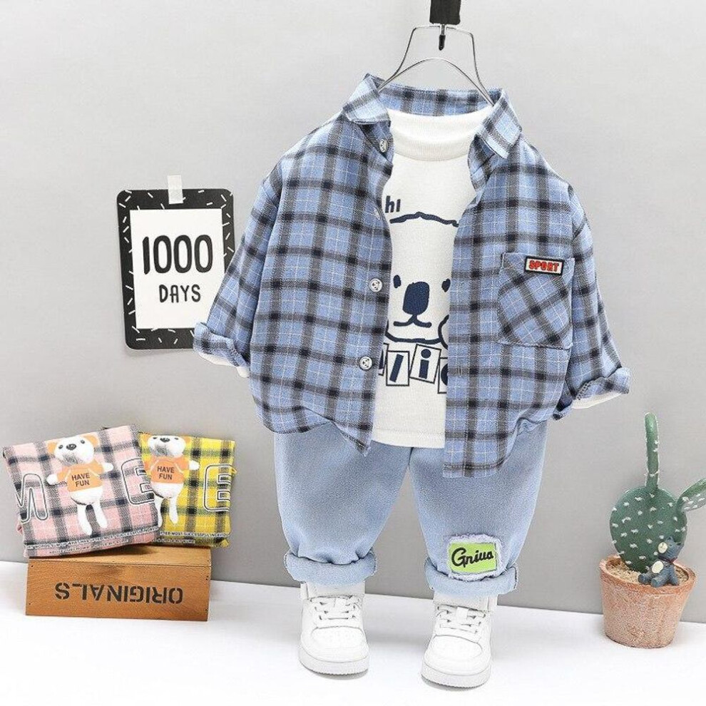 (blue, 90) Spring Kid Boy Shirt Clothing Outwear Suit Set Plaid Coat + T Shirt + Pants 3pcs Boys Kids Clothes 1 2 3 4 Years