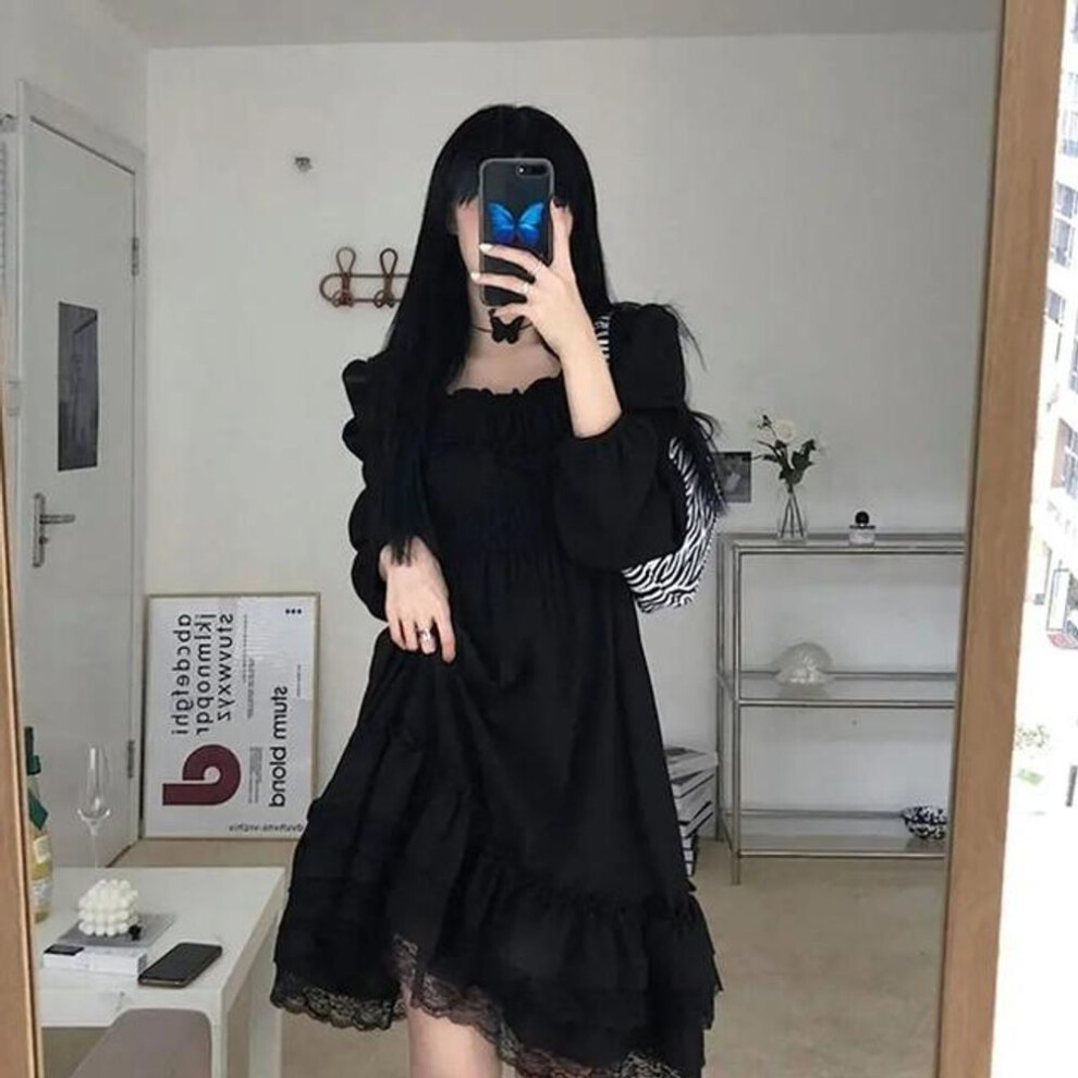 (black, M) Woman  Gothic Ruffle Dress Girls Princess Party Ruched Fairy Grunge Long Sleeve Dresses