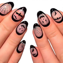 24pcs Glossy Short Oval Fake Nails, Black Press On Nails with Clear Pumpkin Spider Web And Dark Bat Design, Full Cover False Nails for Women Girls