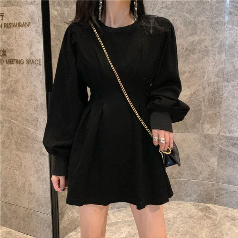(black, XS) Mini Dress Spring Fashion Korean Style Wrap Long Sleeve Pleated Dress Casual Wrap Streetwear Women