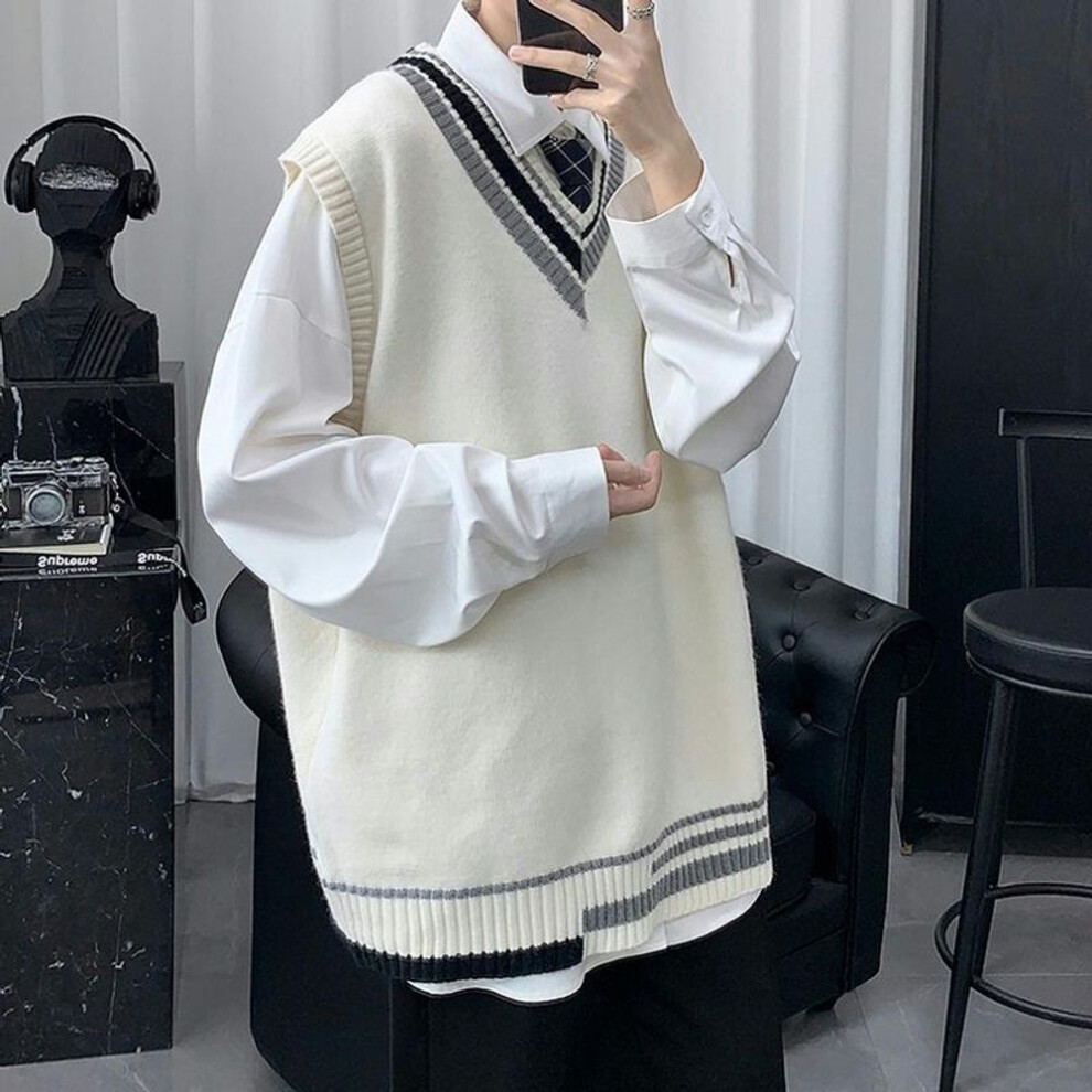 (white, XXL) Oversize Sweater Vests Men  Knitwear Leisure Homme Sleeveless Jumpers All-match Vest