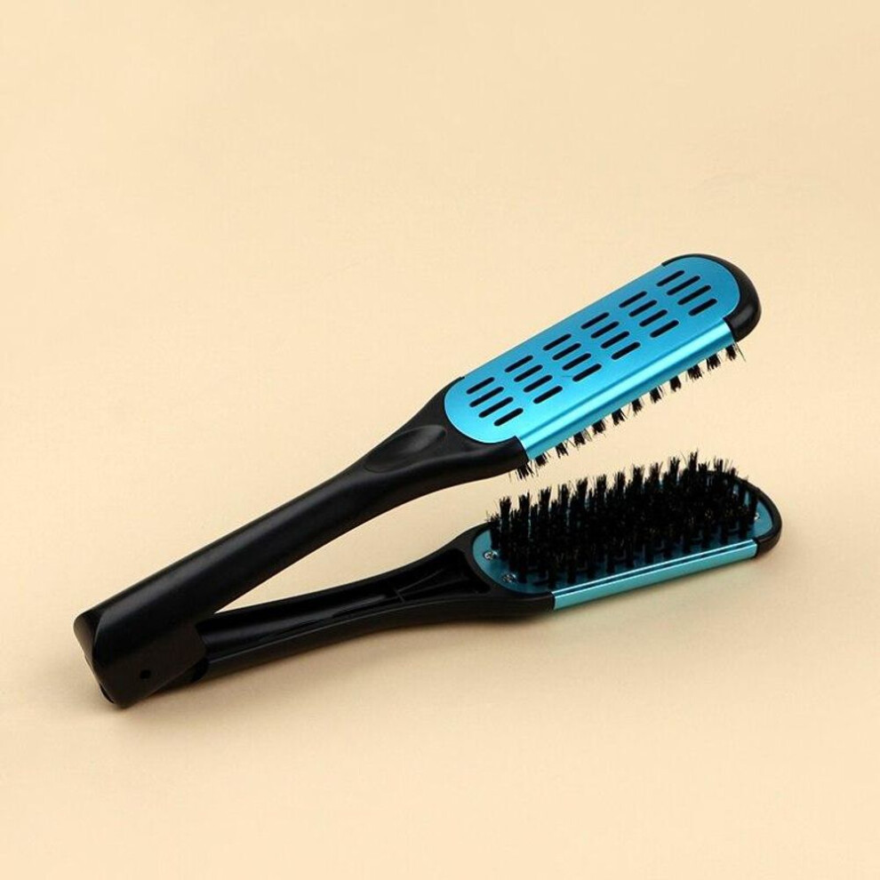 (blue) 1 Pcs Pro Hairdressing Straightener Nylon Hair Straightening Double Brushes V Shape Comb Clamp Not Hurt Styling Tools
