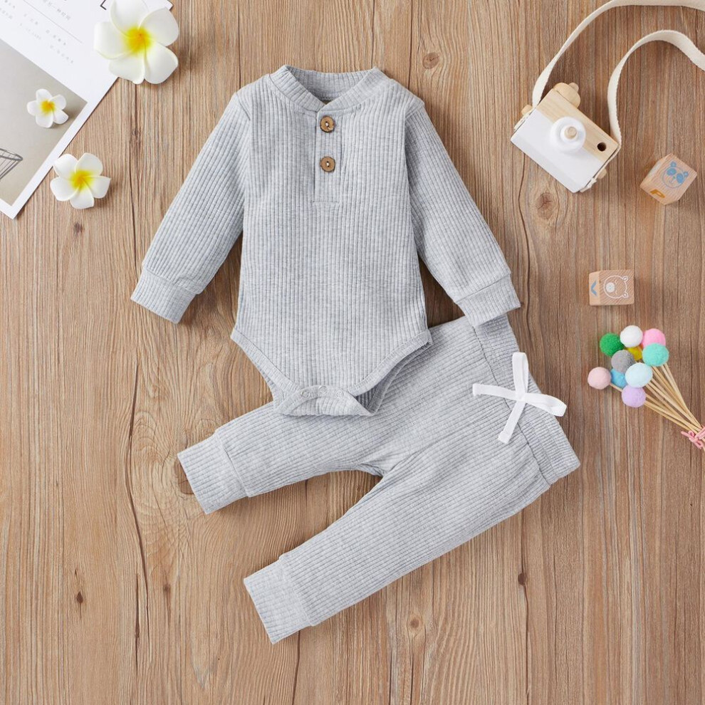 (grey, 6-12 Months) Newborn Baby Girls/boys Suit, Long Sleeve Clothes Striped Romper+pants Set Infant Outfits