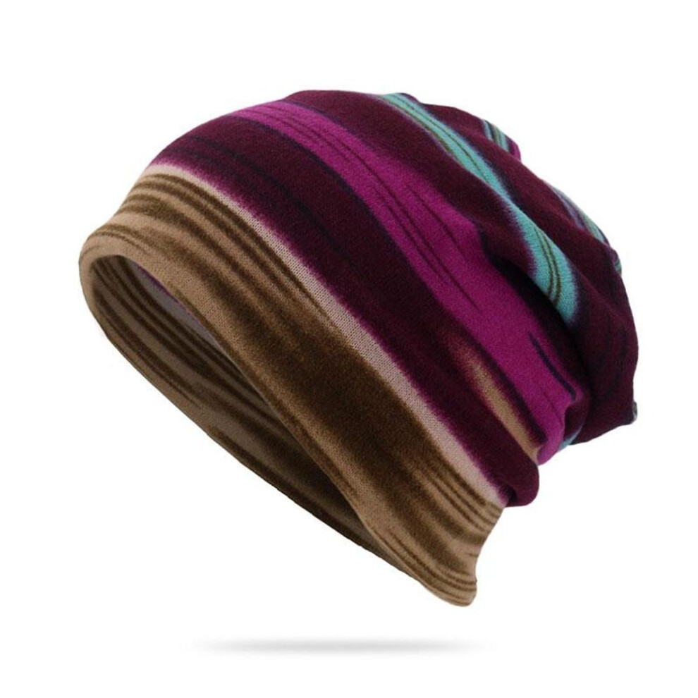 (purple) Fashion Rainbow Striped Beanies Skullies Bib Women Men 2 IN 1 Autumn Winter Outdoor Warm Riding Cap Hip Hop Pullover Bonnet