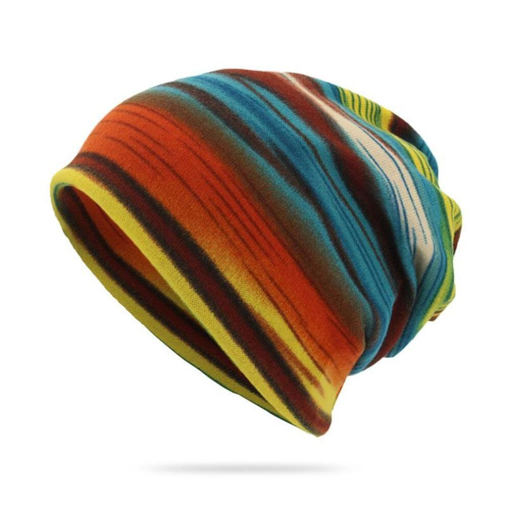 (blue) Fashion Rainbow Striped Beanies Skullies Bib Women Men 2 IN 1 Autumn Winter Outdoor Warm Riding Cap Hip Hop Pullover Bonnet